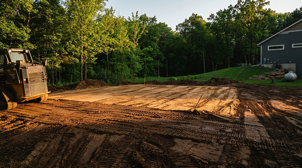 Active excavation construction site with earthmoving equipment