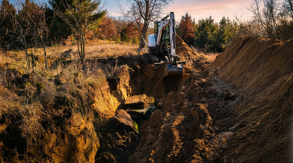 Excavator digging a drainage ditch on a rural property