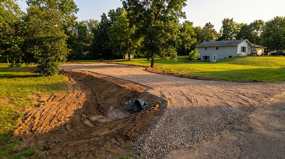 Culvert installation with gravel driveway excavation